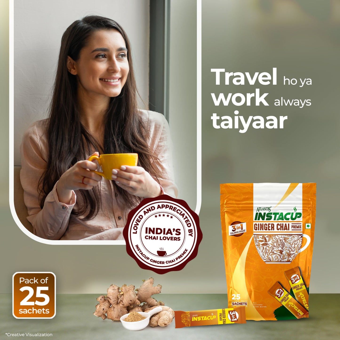 ATLANTIS INSTACUP 3-IN-1 Ginger Tea Premix Single Serve Sachets Pack | 25 Sachets X 14 Grams Pouch Pack | Travel-Friendly Zipper Lock Pack | Just Add Hot Water & Stir