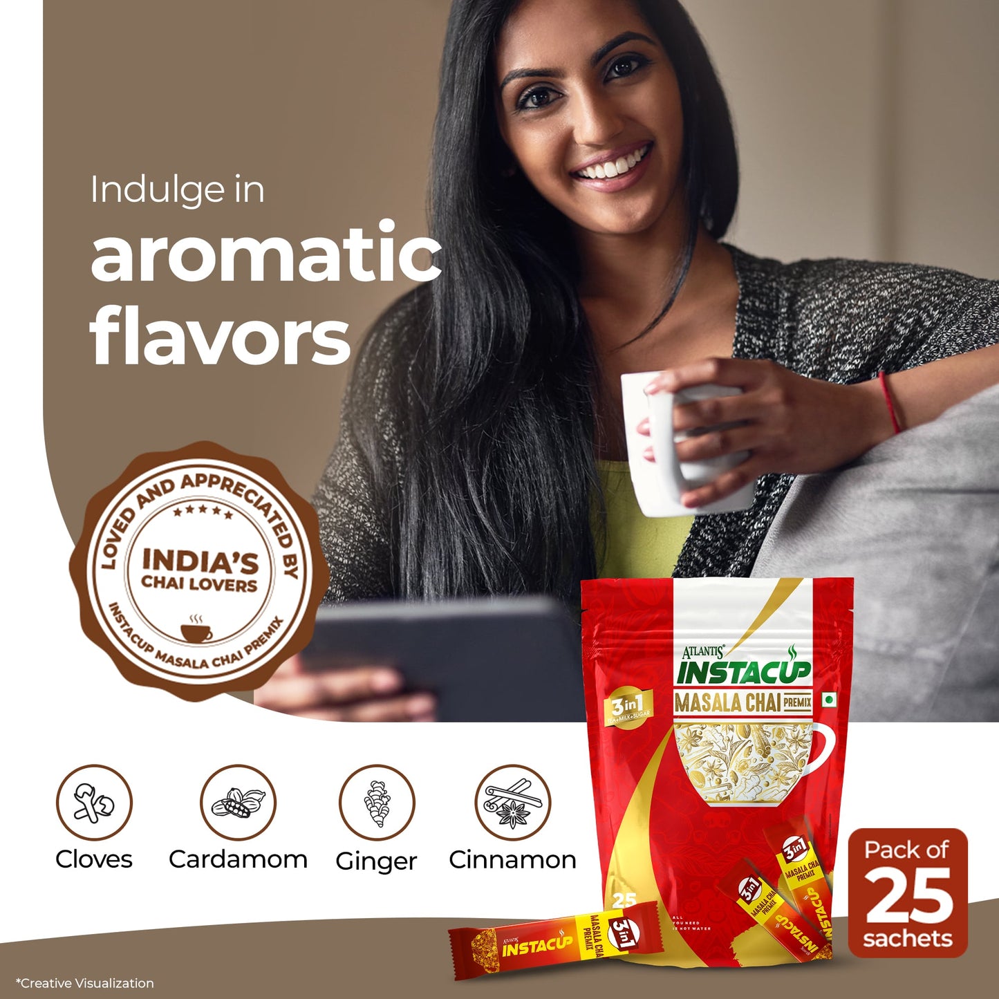 Atlantis InstaCup 3-IN-1 MASALA Chai Premix Single Serve Sachets Pack | 25 Sachets X 14 Grams Pouch Pack | Travel-Friendly Zipper Pack | Just Add Hot Water & Stir