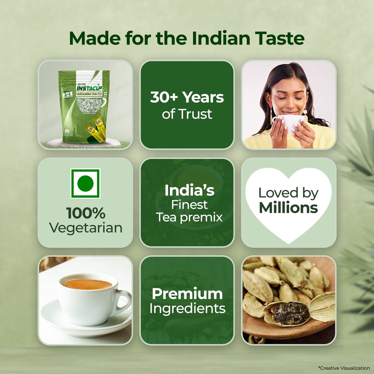 ATLANTIS INSTACUP 3-IN-1 Cardamom Chai Premix Single Serve Sachets Pack | 25 Sachets X 14 Grams Pouch | Travel-Friendly Zipper Lock Pack | Just Add Hot Water & Stir