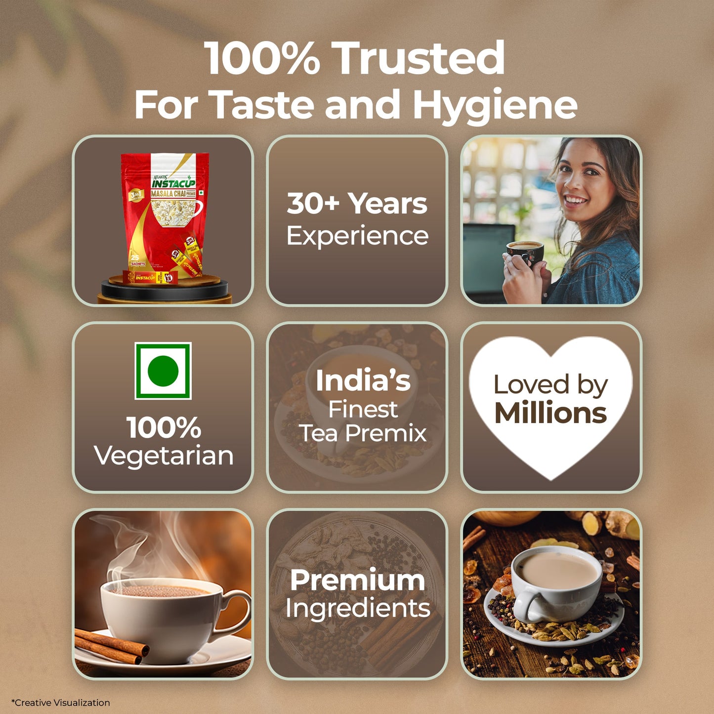 Atlantis InstaCup 3-IN-1 MASALA Chai Premix Single Serve Sachets Pack | 25 Sachets X 14 Grams Pouch Pack | Travel-Friendly Zipper Pack | Just Add Hot Water & Stir
