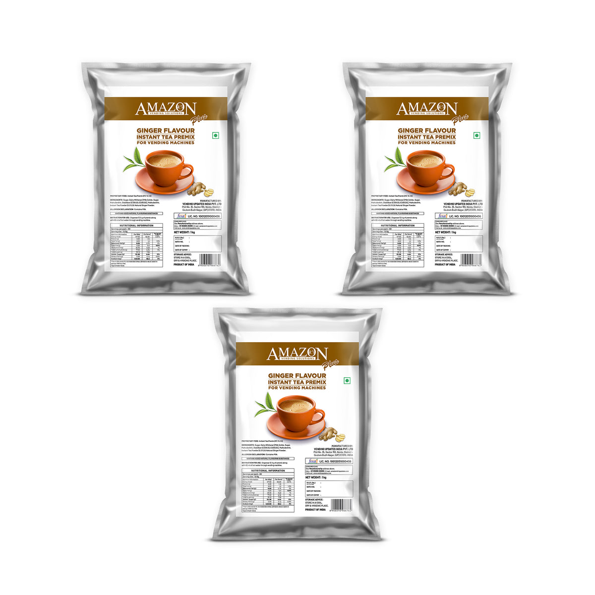 AMAZON Plus 3-in-1 Ginger Tea Premix – 1kg Pack | Instant Chai for Vending Machines – Just Add Hot Water