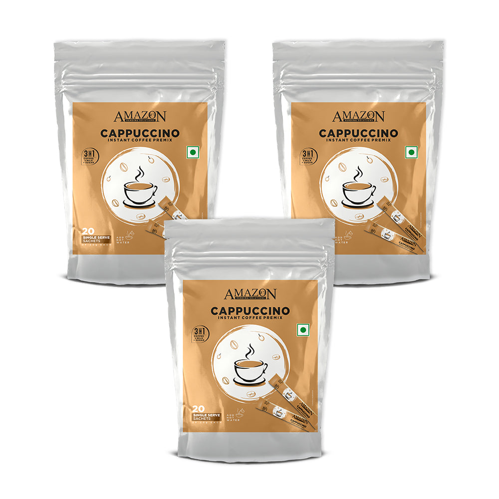 AMAZON 3-IN-1 CAPPUCCINO COFFEE Single Serve Sachets Premix Pack | 20 Sachets X 20 Grams Pouch | Travel-Friendly Zipper Pack | Just Add Hot Water & Stir