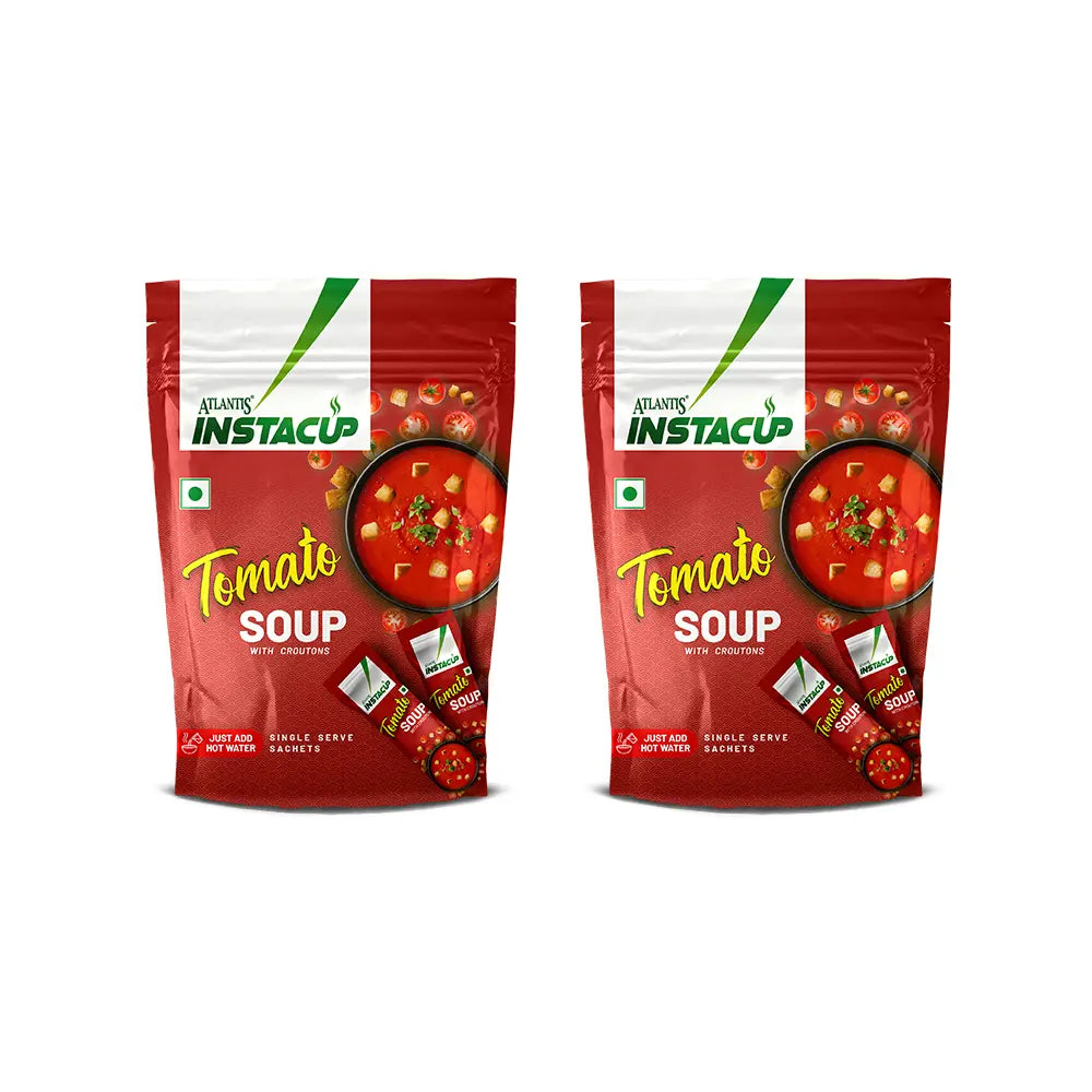 ATLANTIS INSTACUP Croutons Tomato Single Serve Sachets Soup Pack | 18 Sachets X 20 Grams Pack | Travel-Friendly Zipper Lock Pack | Just Add Hot Water & Stir