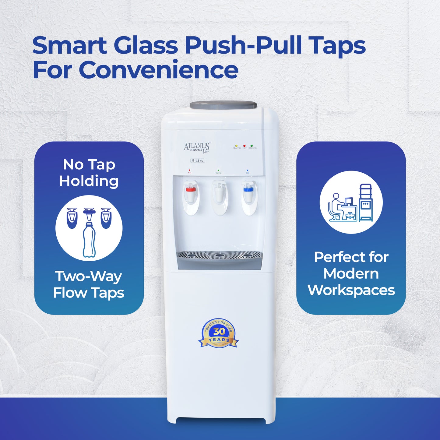 ATLANTIS FROSTY PLUS | 5L/Hour Cooling Capacity | Glass Push-Pull Taps | 1 Year Warranty | Hot, Normal & Cold Water | Perfect for a Team of 10-30