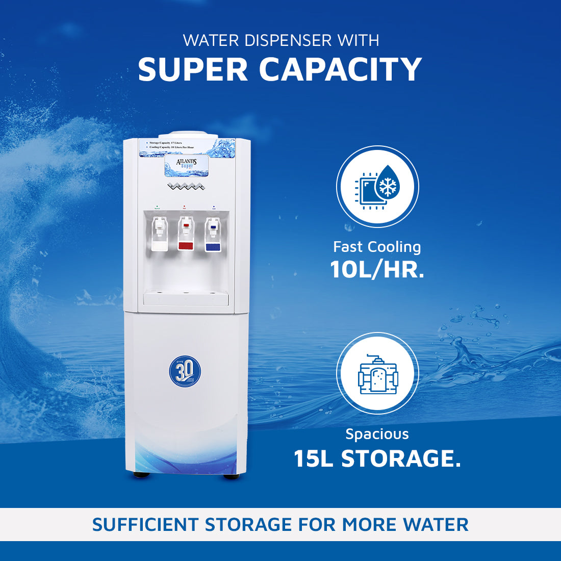 ATLANTIS SUPER Floor Standing Water Dispenser with RO Compatible (Available Space for RO Setup)- 3 Taps (15l Large Cold Tank Capacity)