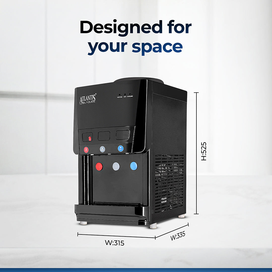 ATLANTIS BLAQUE | Smart Push Buttons | Hot, Normal & Cold Water | Table Top Water Dispenser | 1 Year Warranty | Child Safety Lock | Top Loading
