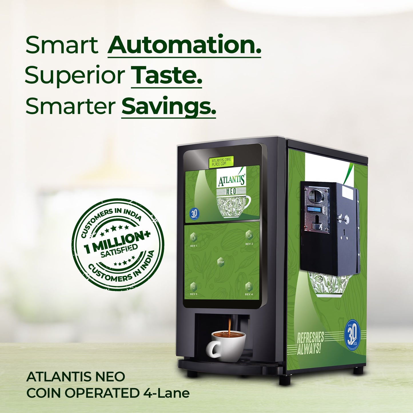 ATLANTIS NEO COIN OPERATED 4-Lane Tea Coffee Vending Machine – Dedicated Hot Water