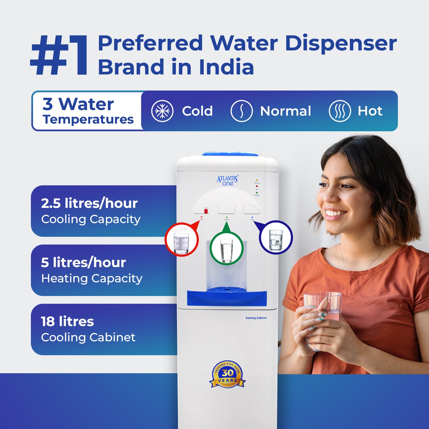 ATLANTIS ONE | 18L Cooling Cabinet | Single Outlet Design | Smart Push Buttons | Hot, Normal & Cold Water | 2.5L/Hour Cooling Capacity | Space-Saving