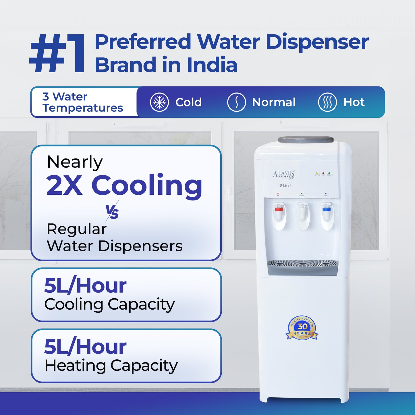ATLANTIS FROSTY PLUS | 5L/Hour Cooling Capacity | Glass Push-Pull Taps | 1 Year Warranty | Hot, Normal & Cold Water | Perfect for a Team of 10-30