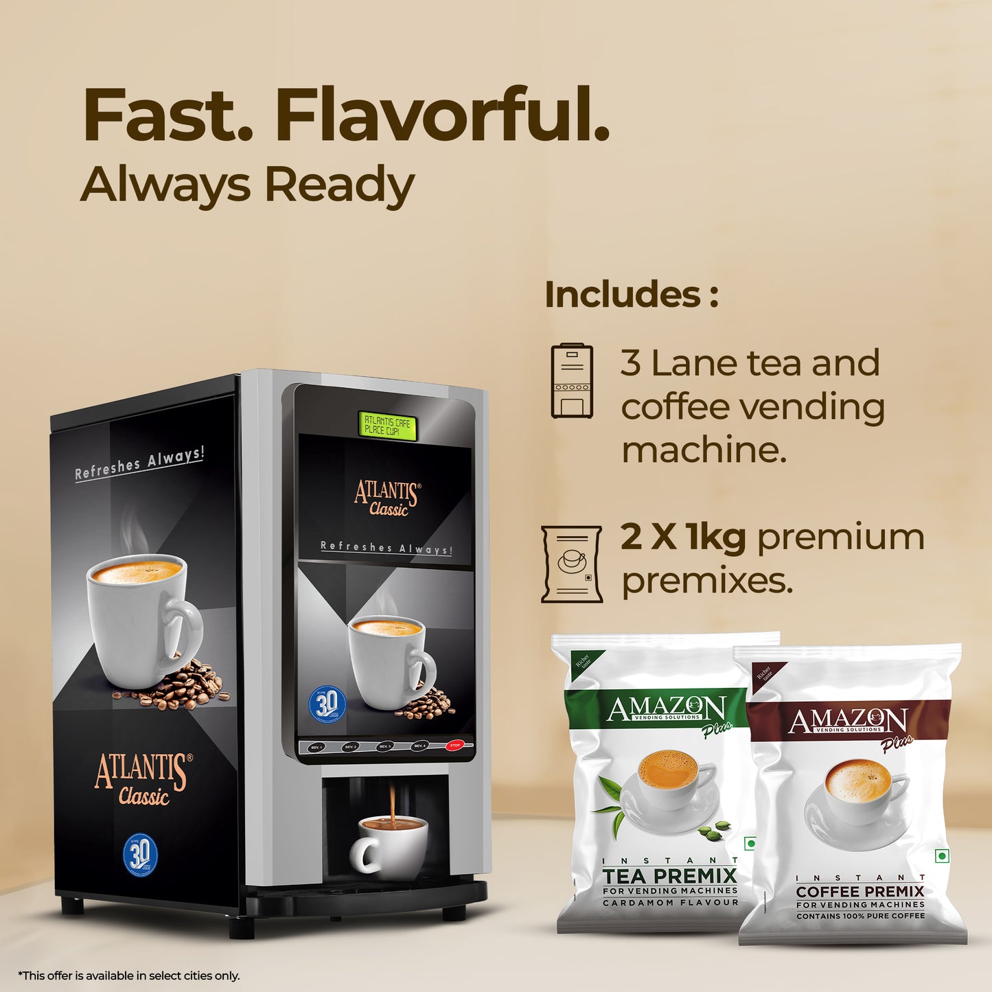 ATLANTIS CLASSIC - 3 Lane Tea and Coffee Vending Machine – 3 Ltrs hot Tank
