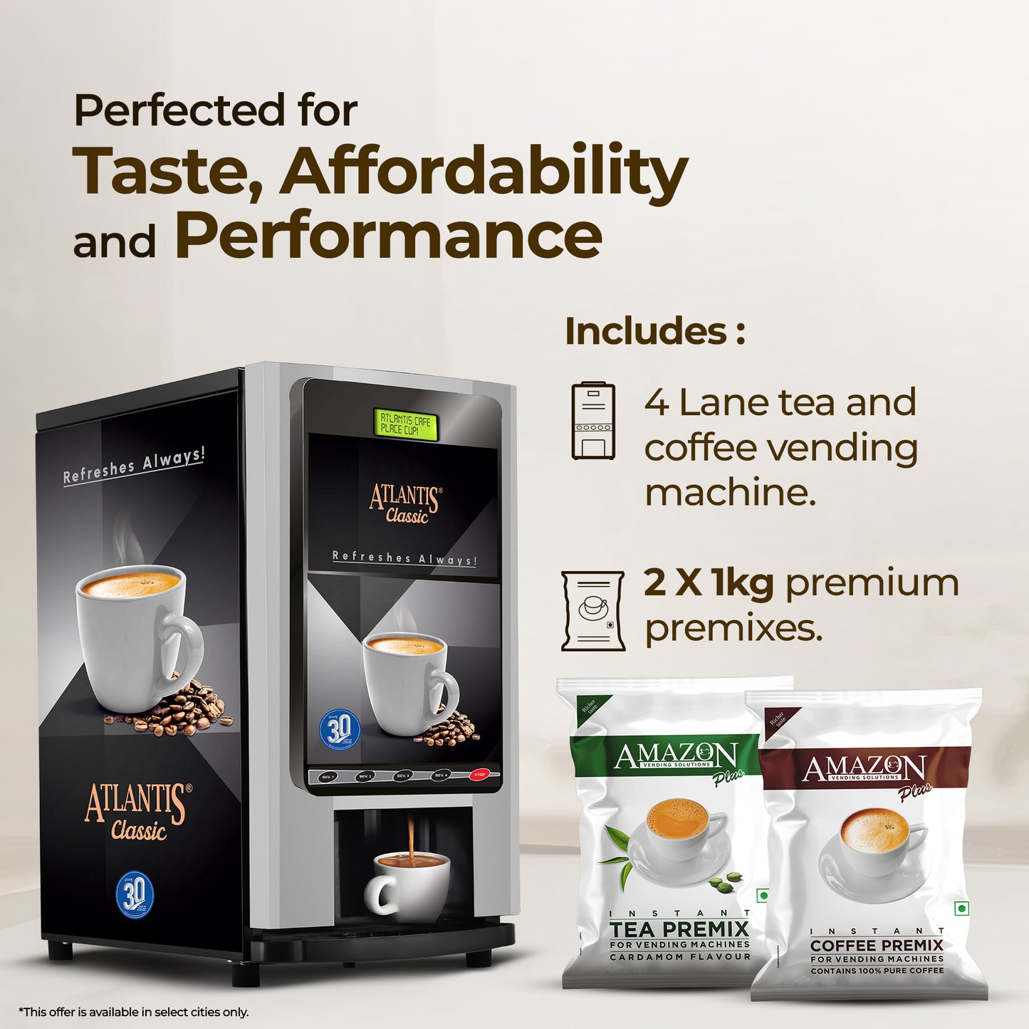 ATLANTIS CLASSIC 4 Lane Tea & Coffee Vending Machine – 3 Ltrs hot Tank