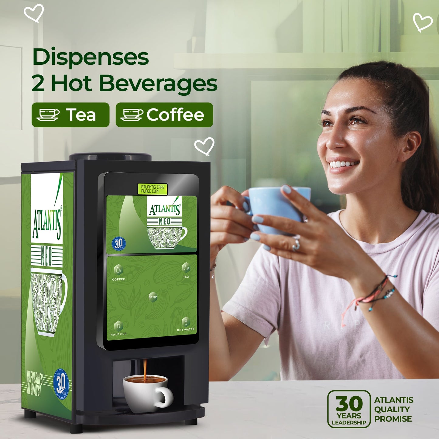 ATLANTIS NEO COIN OPERATED 2-Lane Tea and Coffee Vending Machine- Dedicated Hot Water