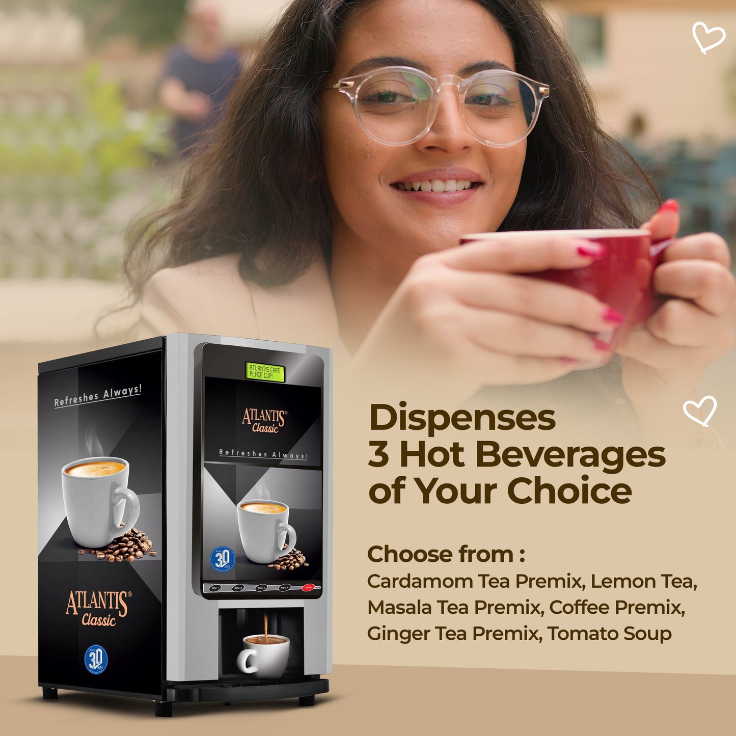 ATLANTIS CLASSIC - 3 Lane Tea and Coffee Vending Machine – 3 Ltrs hot Tank