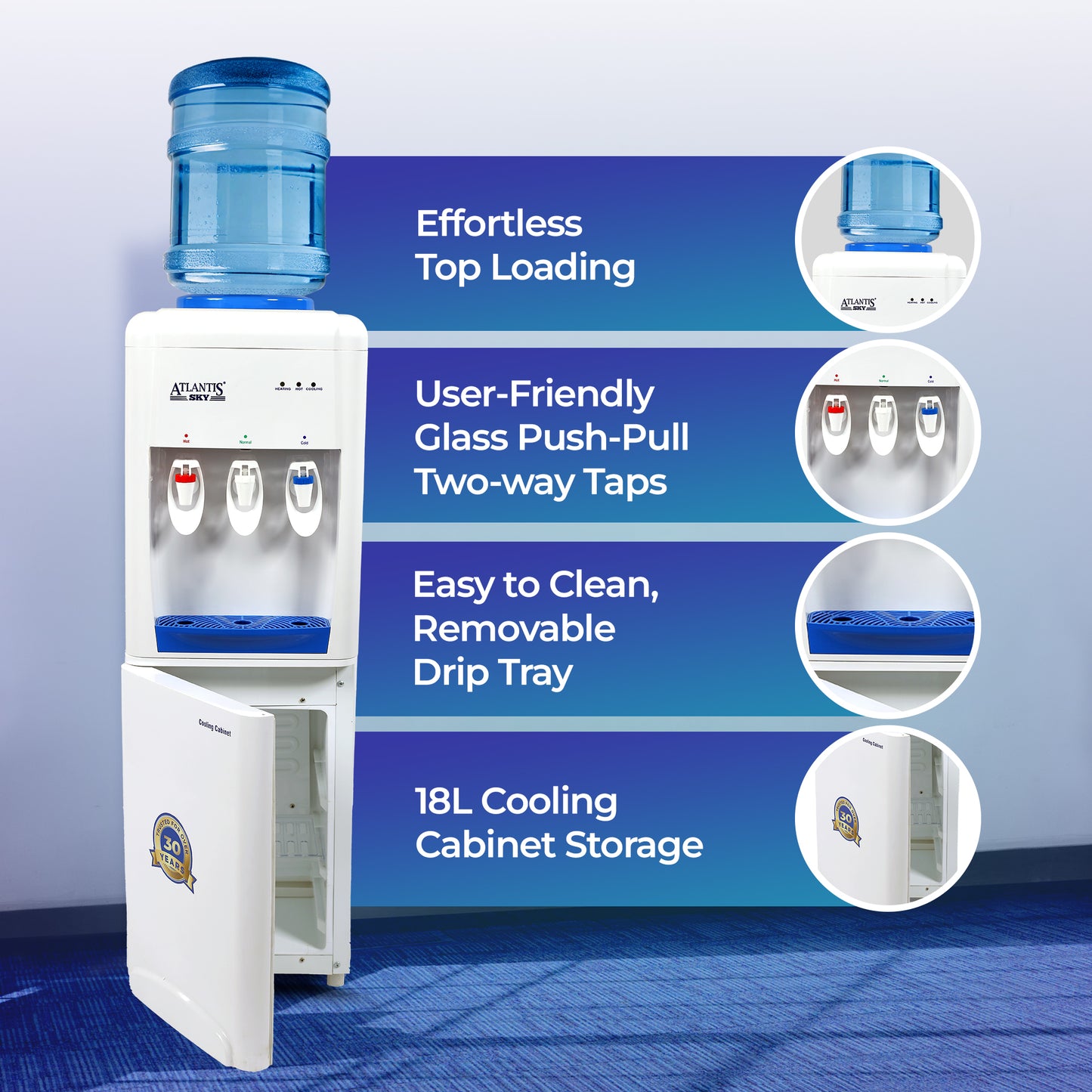 ATLANTIS SKY | Smart Glass Push-Pull Taps | 18L Cooling Cabinet | 1 Year Warranty | 3 Taps for Hot, Normal & Cold Water | 2.5L/Hour Cooling Capacity
