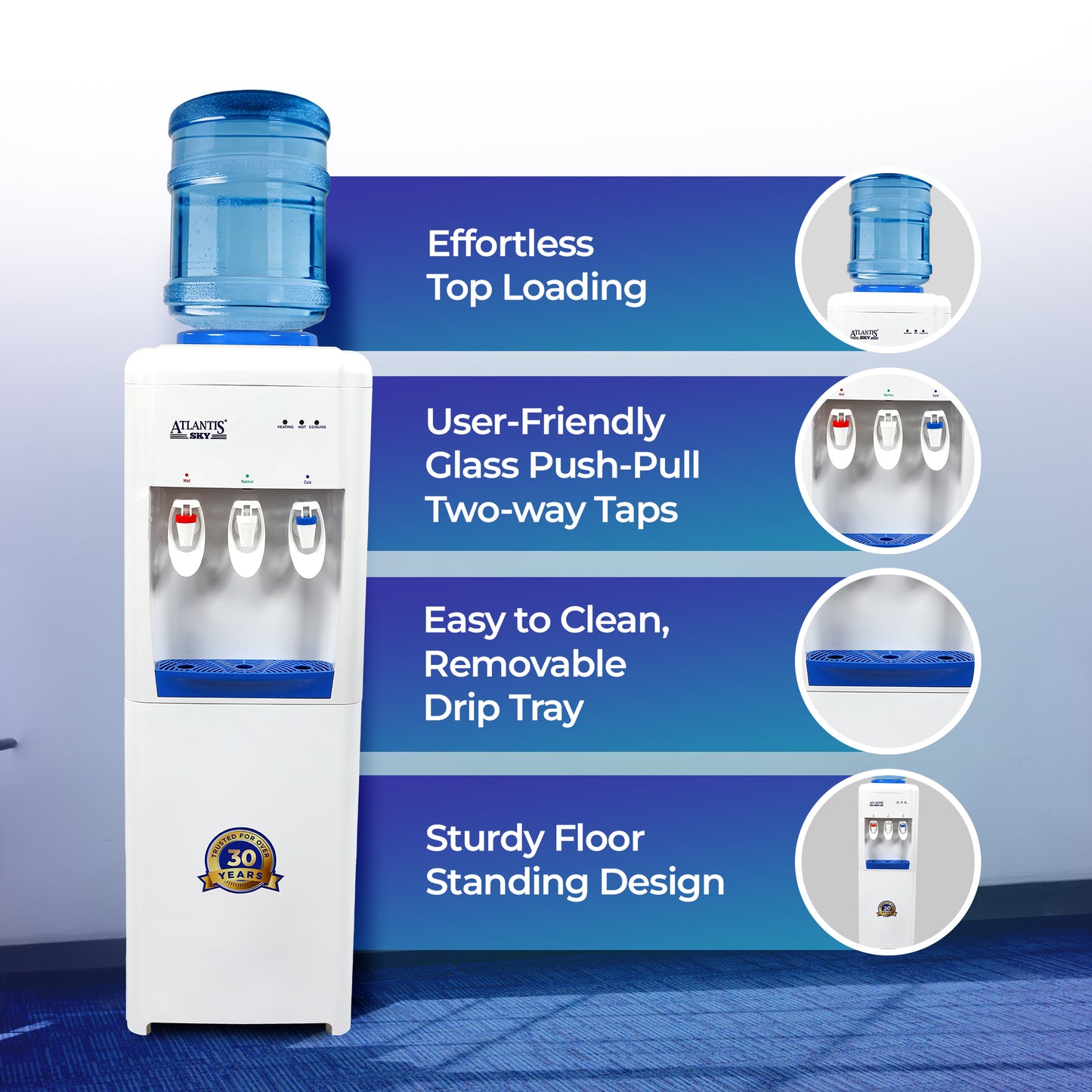 ATLANTIS SKY | Smart Glass Push-Pull Taps | Floor Standing Water Dispenser with Hot, Normal & Cold Water | 1 Year Warranty | 3L/hour Cooling Capacity