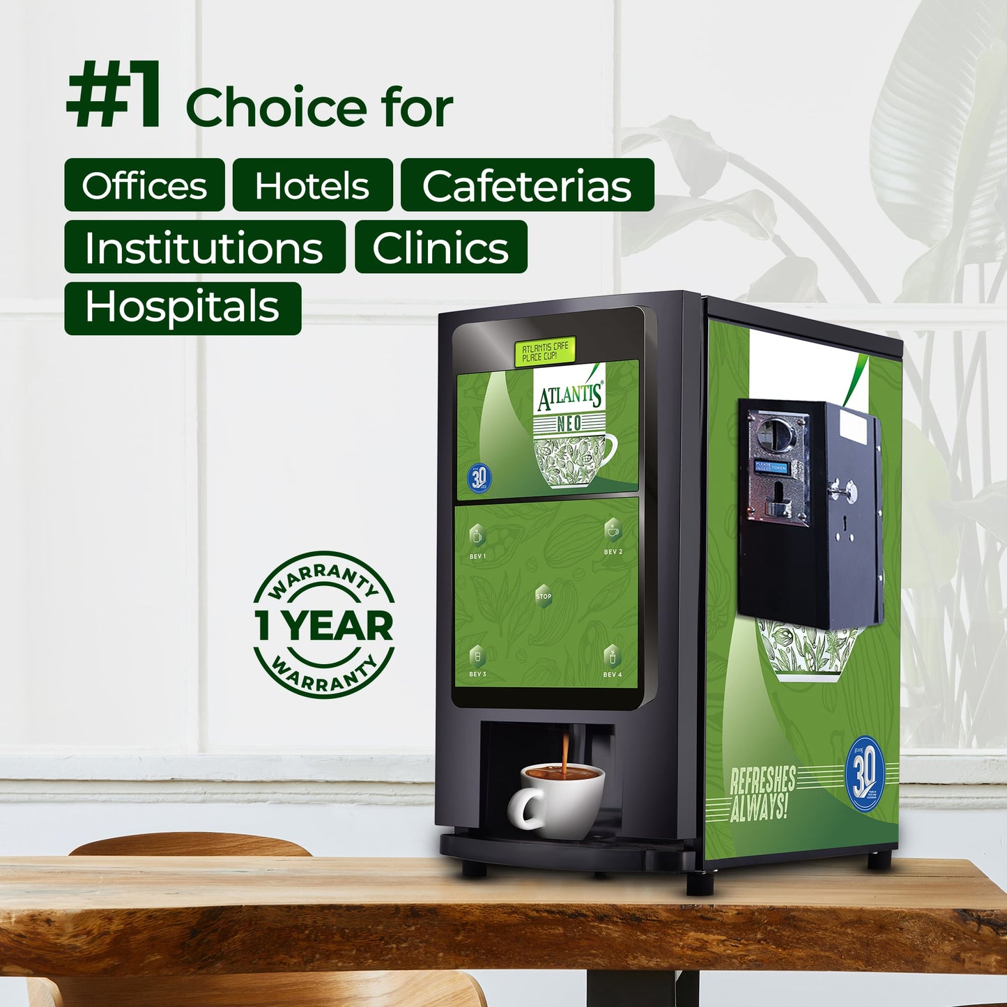 ATLANTIS NEO COIN OPERATED 4-Lane Tea Coffee Vending Machine – Dedicated Hot Water