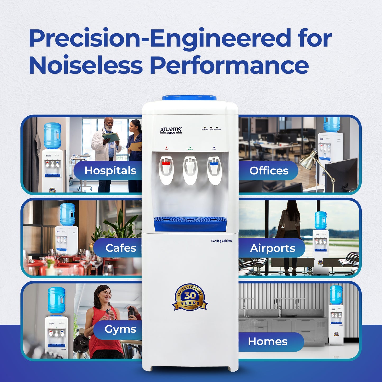 ATLANTIS SKY | Smart Glass Push-Pull Taps | 18L Cooling Cabinet | 1 Year Warranty | 3 Taps for Hot, Normal & Cold Water | 2.5L/Hour Cooling Capacity