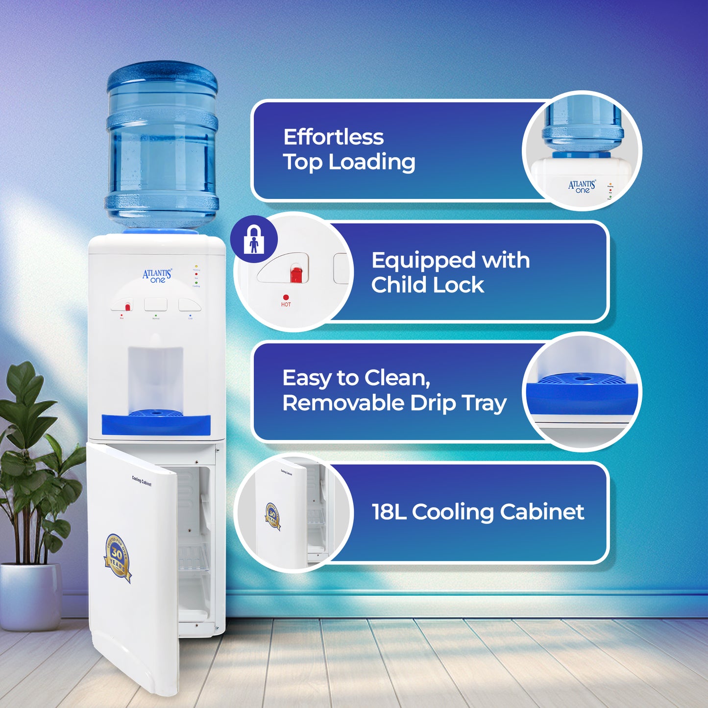 ATLANTIS ONE | 18L Cooling Cabinet | Single Outlet Design | Smart Push Buttons | Hot, Normal & Cold Water | 2.5L/Hour Cooling Capacity | Space-Saving