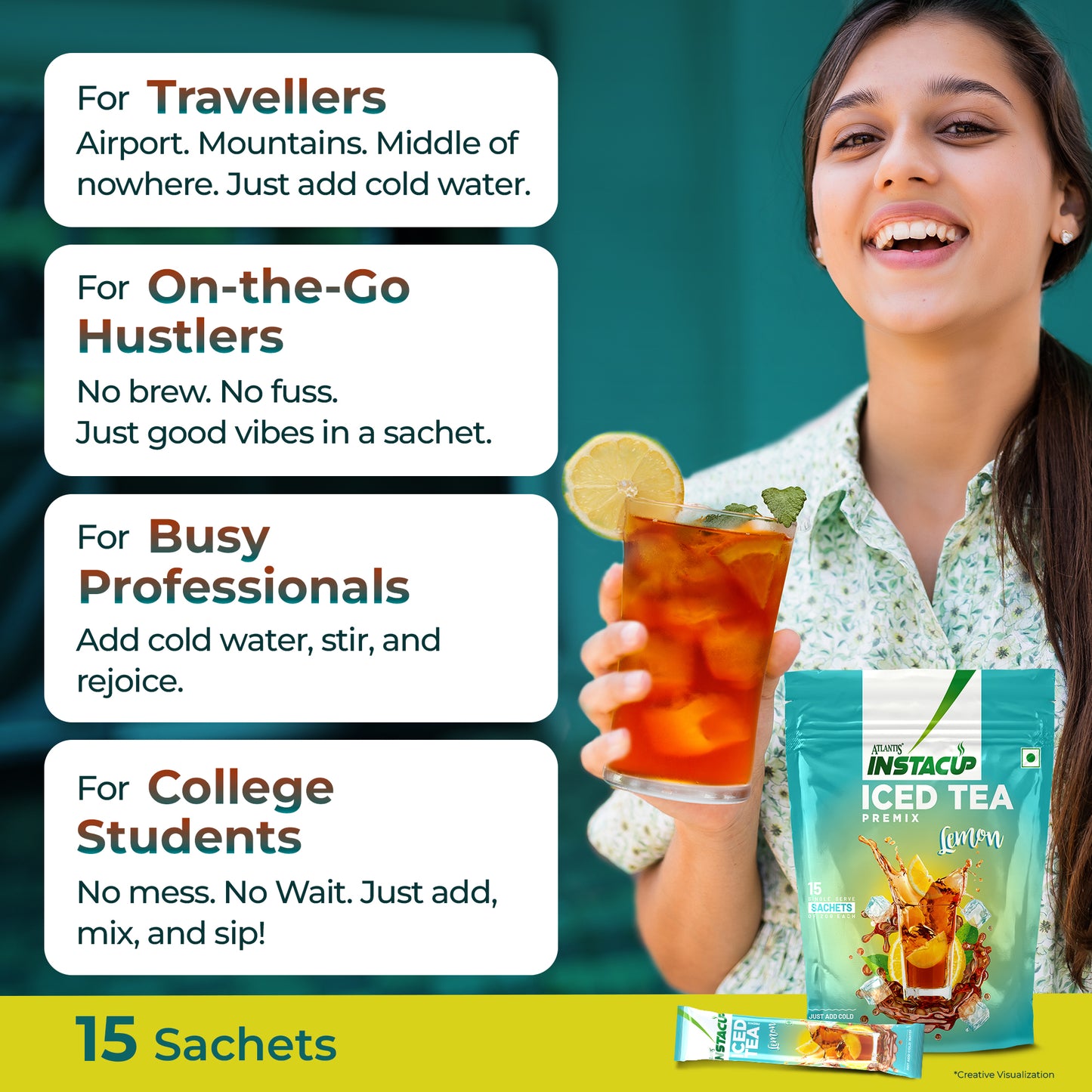 ATLANTIS Instacup Lemon Iced Tea Premix Single Serve Sachets | Natural Lemon Flavor | Travel-Friendly | FSSAI Registered | Quick Prep | Pack of 15