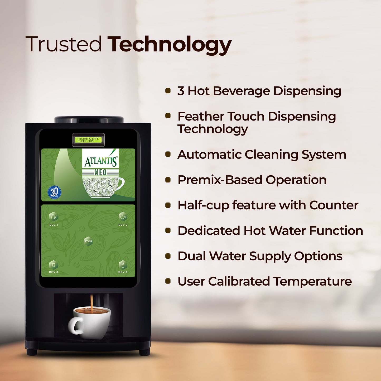 ATLANTIS NEO 3-Lane Tea and Coffee Vending Machine - Dedicated Hot Water