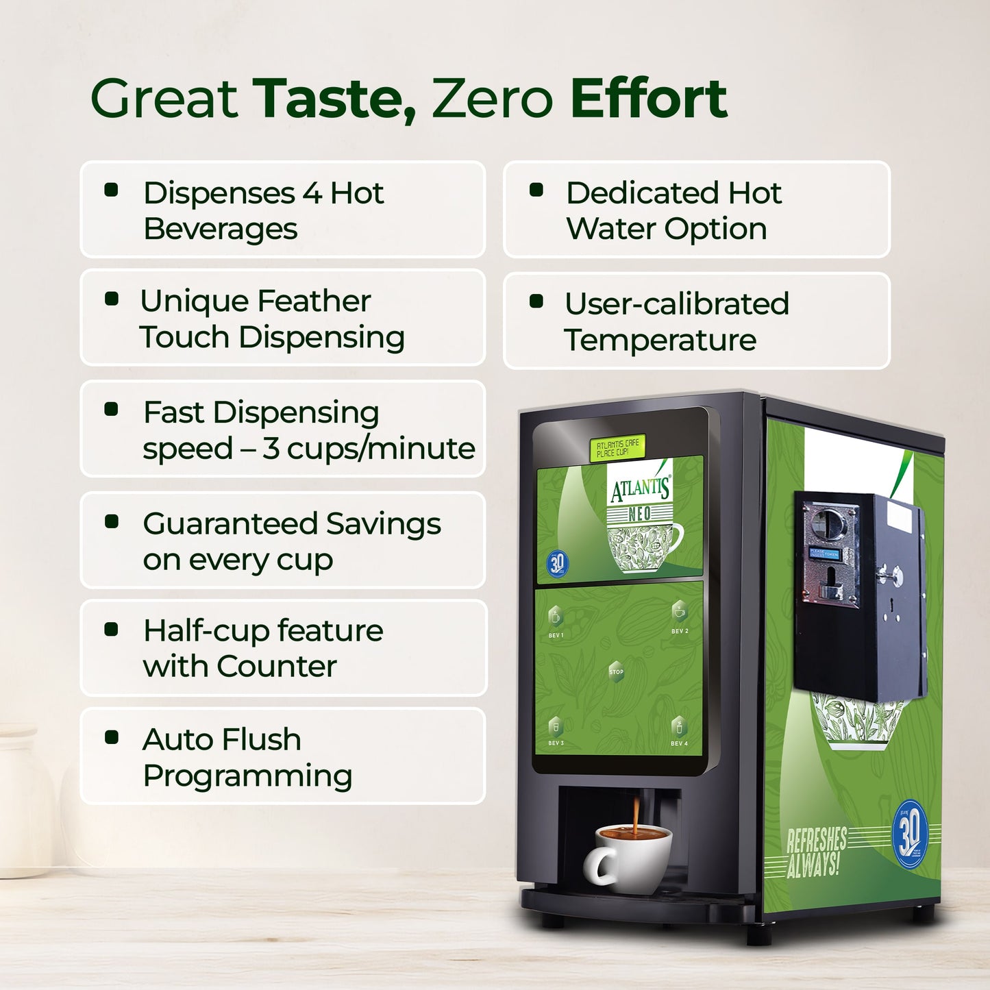 ATLANTIS NEO COIN OPERATED 4-Lane Tea Coffee Vending Machine – Dedicated Hot Water