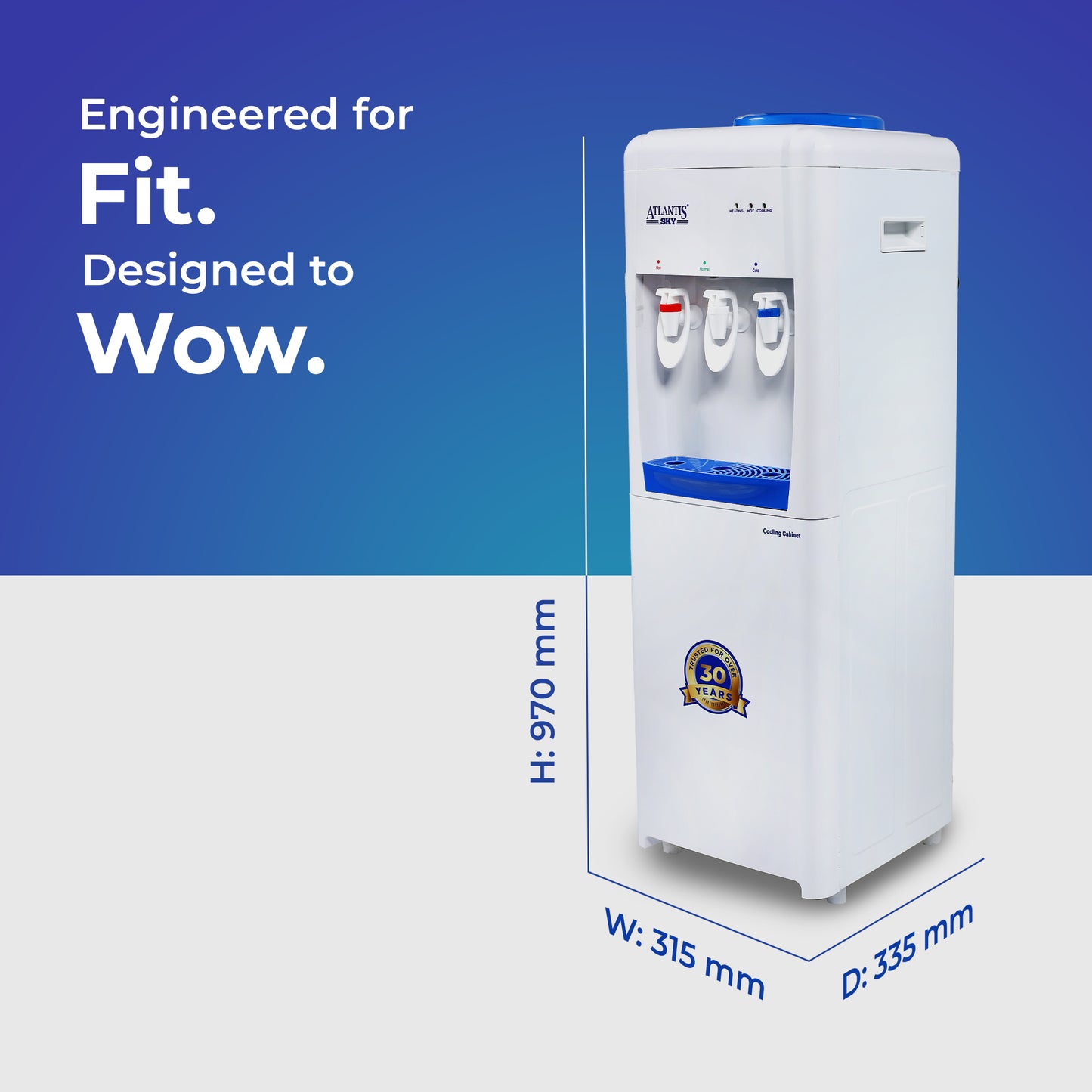 ATLANTIS SKY | Smart Glass Push-Pull Taps | 18L Cooling Cabinet | 1 Year Warranty | 3 Taps for Hot, Normal & Cold Water | 2.5L/Hour Cooling Capacity