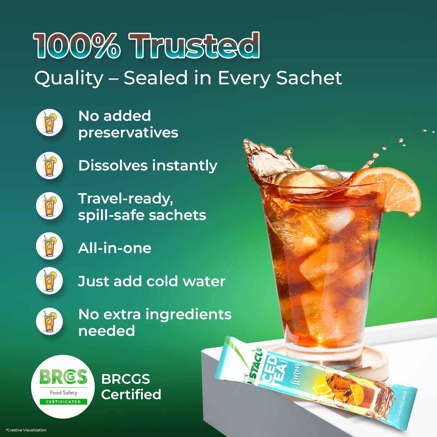 ATLANTIS Instacup Lemon Iced Tea Premix Single Serve Sachets | Natural Lemon Flavor | Travel-Friendly | FSSAI Registered | Quick Prep | Pack of 15