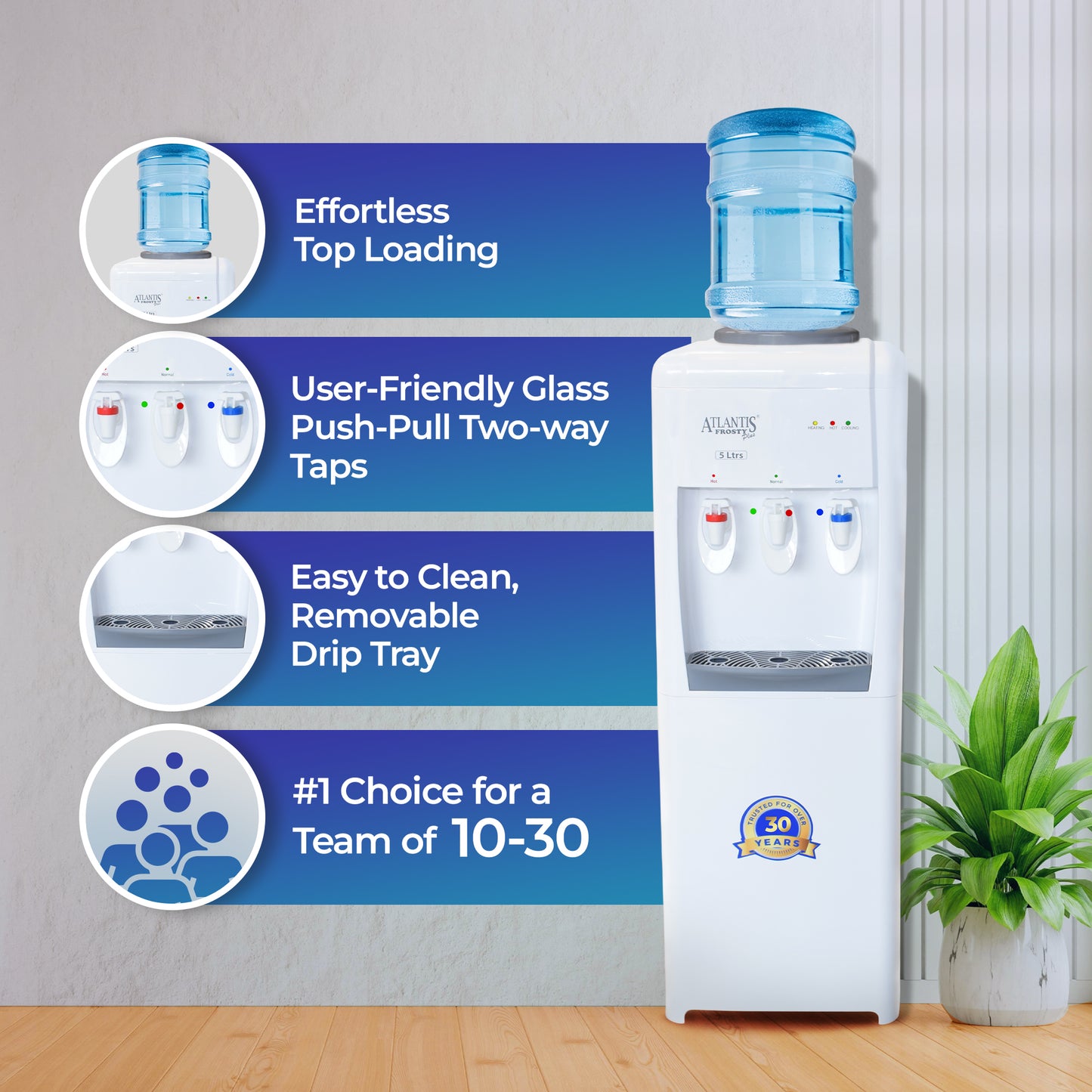 ATLANTIS FROSTY PLUS | 5L/Hour Cooling Capacity | Glass Push-Pull Taps | 1 Year Warranty | Hot, Normal & Cold Water | Perfect for a Team of 10-30
