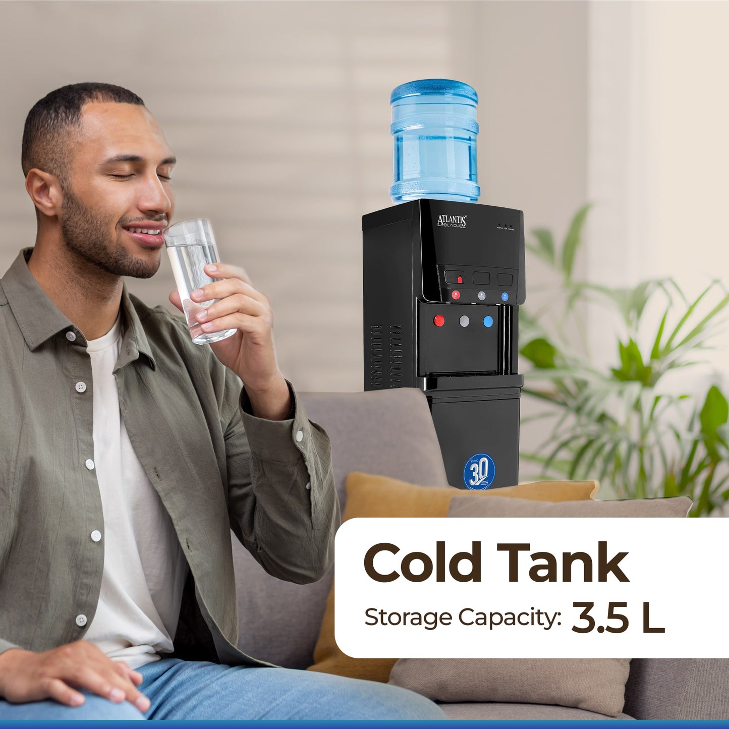 ATLANTIS BLAQUE | Smart Push Buttons | Hot, Normal & Cold Water | 3L/hour Cooling Capacity | 1 Year Warranty | Child Safety Lock | Top Loading