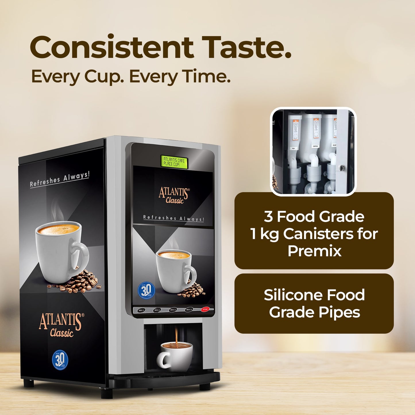 ATLANTIS CLASSIC - 3 Lane Tea and Coffee Vending Machine – 3 Ltrs hot Tank