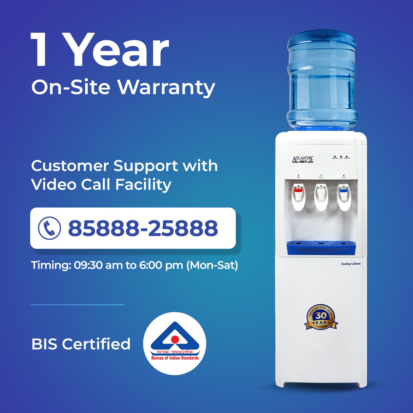 ATLANTIS SKY | Smart Glass Push-Pull Taps | 18L Cooling Cabinet | 1 Year Warranty | 3 Taps for Hot, Normal & Cold Water | 2.5L/Hour Cooling Capacity
