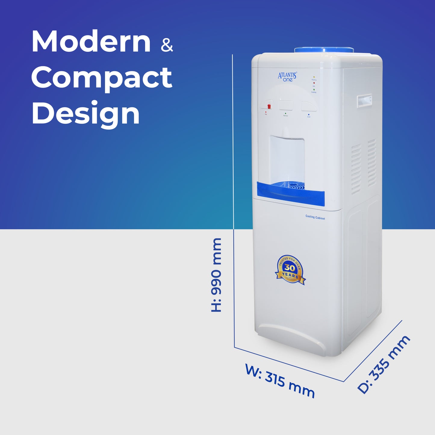 ATLANTIS ONE | 18L Cooling Cabinet | Single Outlet Design | Smart Push Buttons | Hot, Normal & Cold Water | 2.5L/Hour Cooling Capacity | Space-Saving
