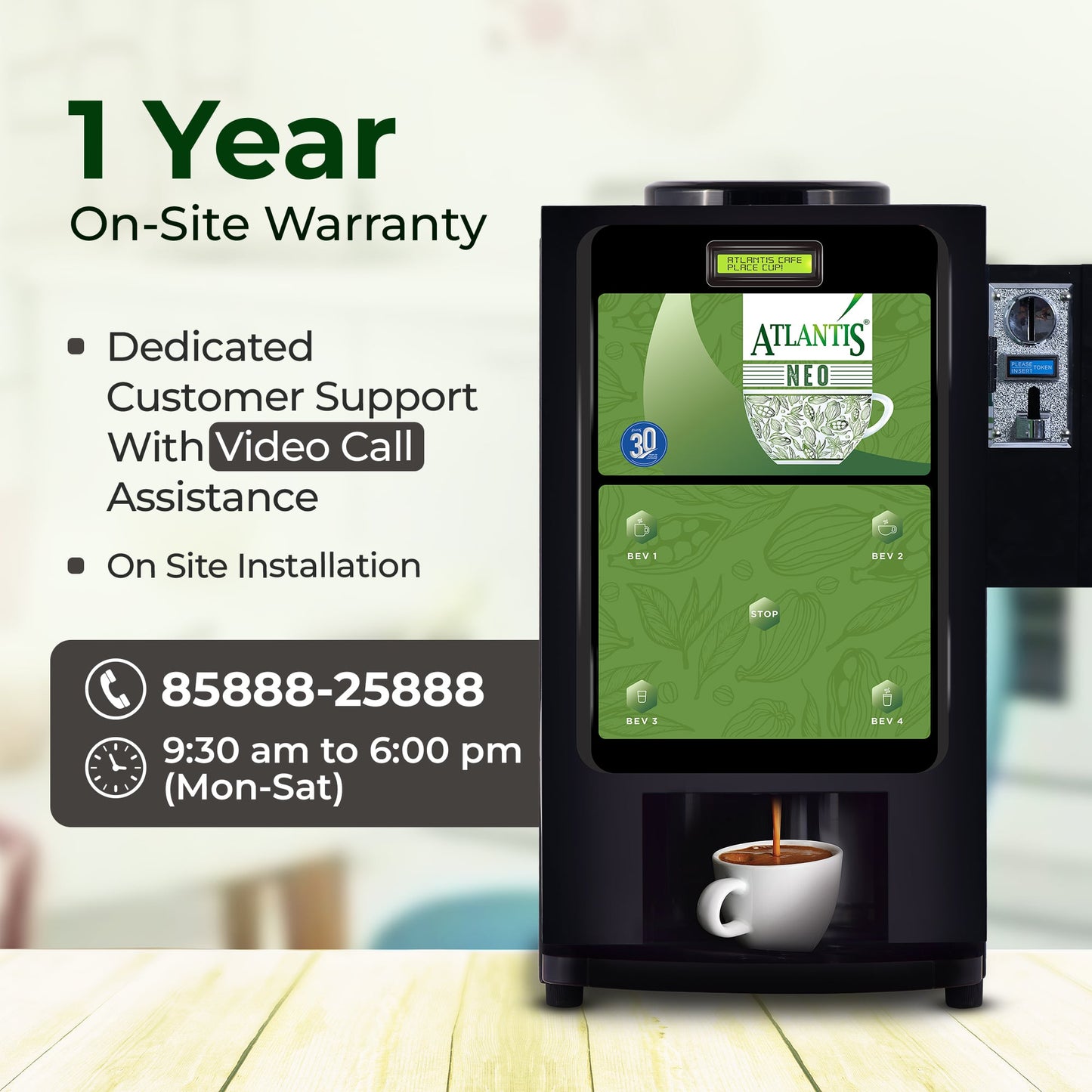 ATLANTIS NEO COIN OPERATED 4-Lane Tea Coffee Vending Machine – Dedicated Hot Water