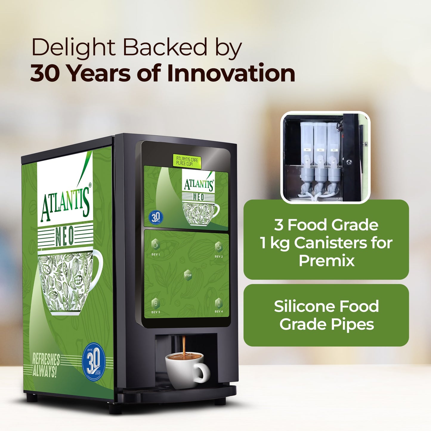 ATLANTIS NEO 3-Lane Tea and Coffee Vending Machine - Dedicated Hot Water