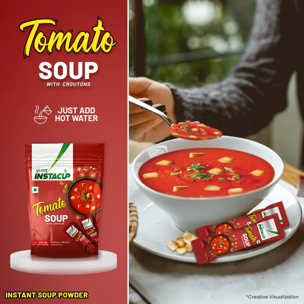 ATLANTIS INSTACUP Croutons Tomato Single Serve Sachets Soup Pack | 18 Sachets X 20 Grams Pack | Travel-Friendly Zipper Lock Pack | Just Add Hot Water & Stir