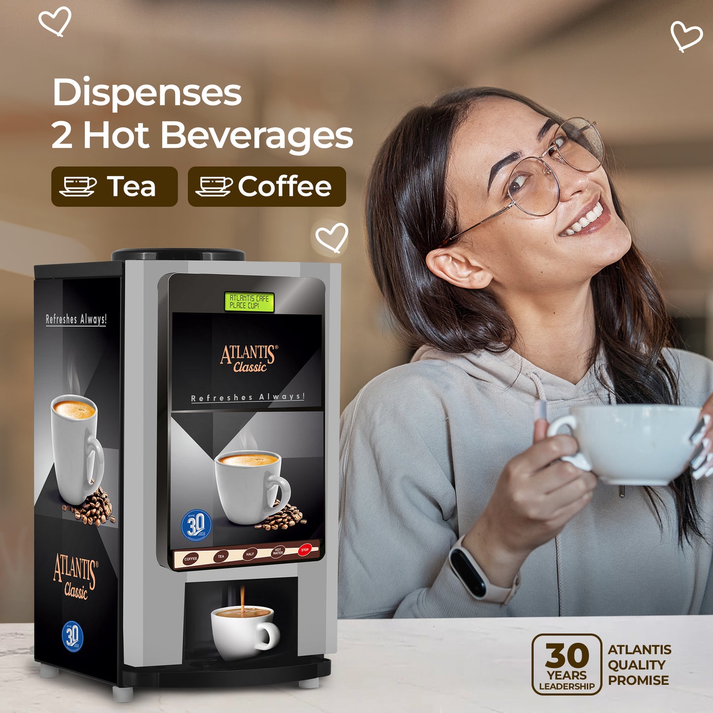 ATLANTIS CLASSIC - 2 Lane Tea-Coffee Vending Machine - 3 Ltrs hot Tank