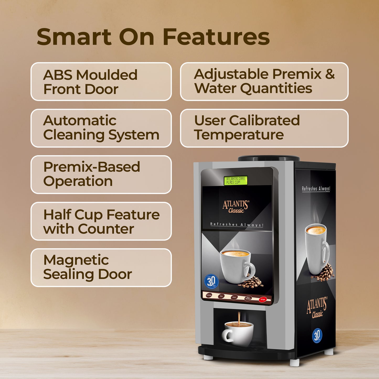 ATLANTIS CLASSIC - 2 Lane Tea-Coffee Vending Machine - 3 Ltrs hot Tank