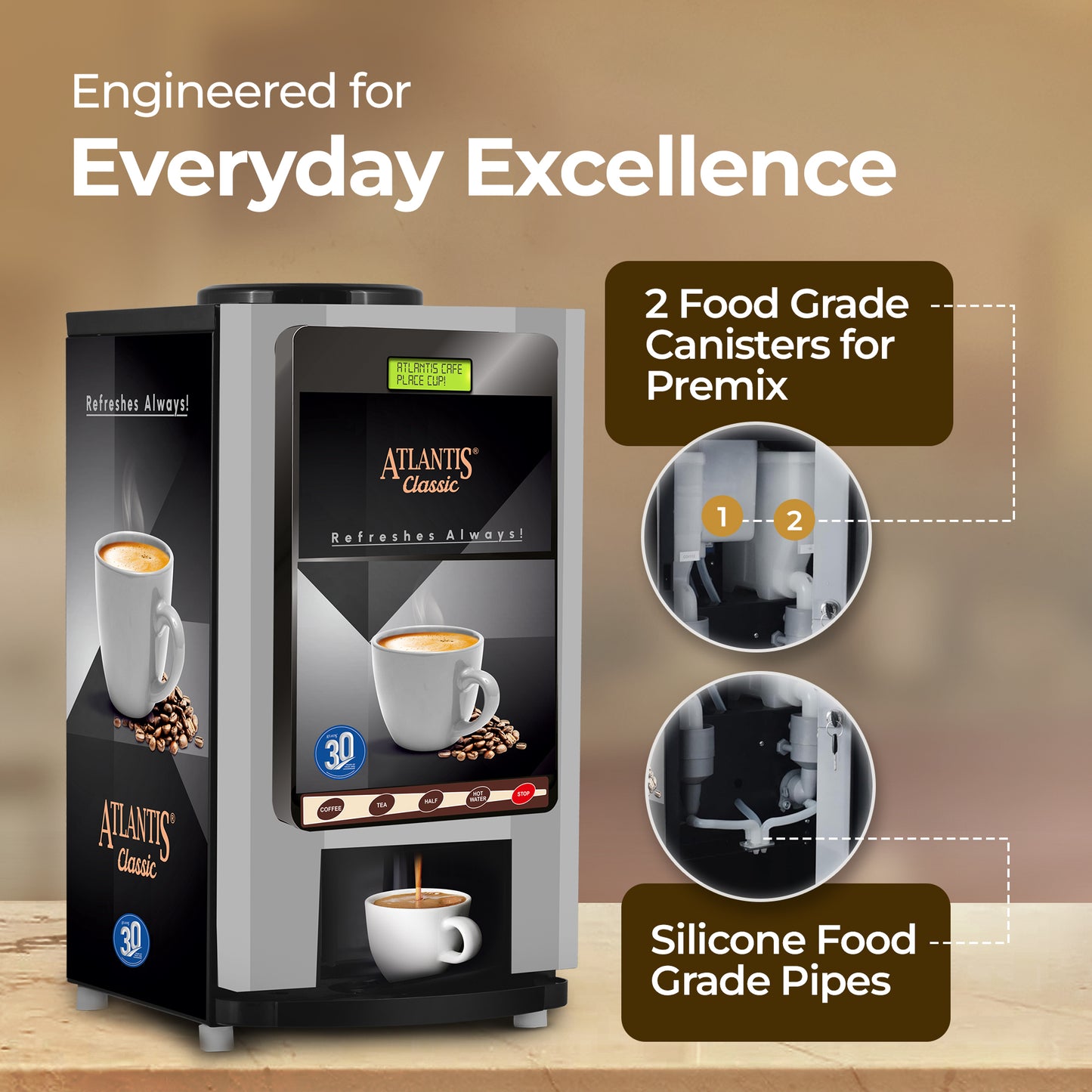 ATLANTIS CLASSIC - 2 Lane Tea-Coffee Vending Machine - 3 Ltrs hot Tank