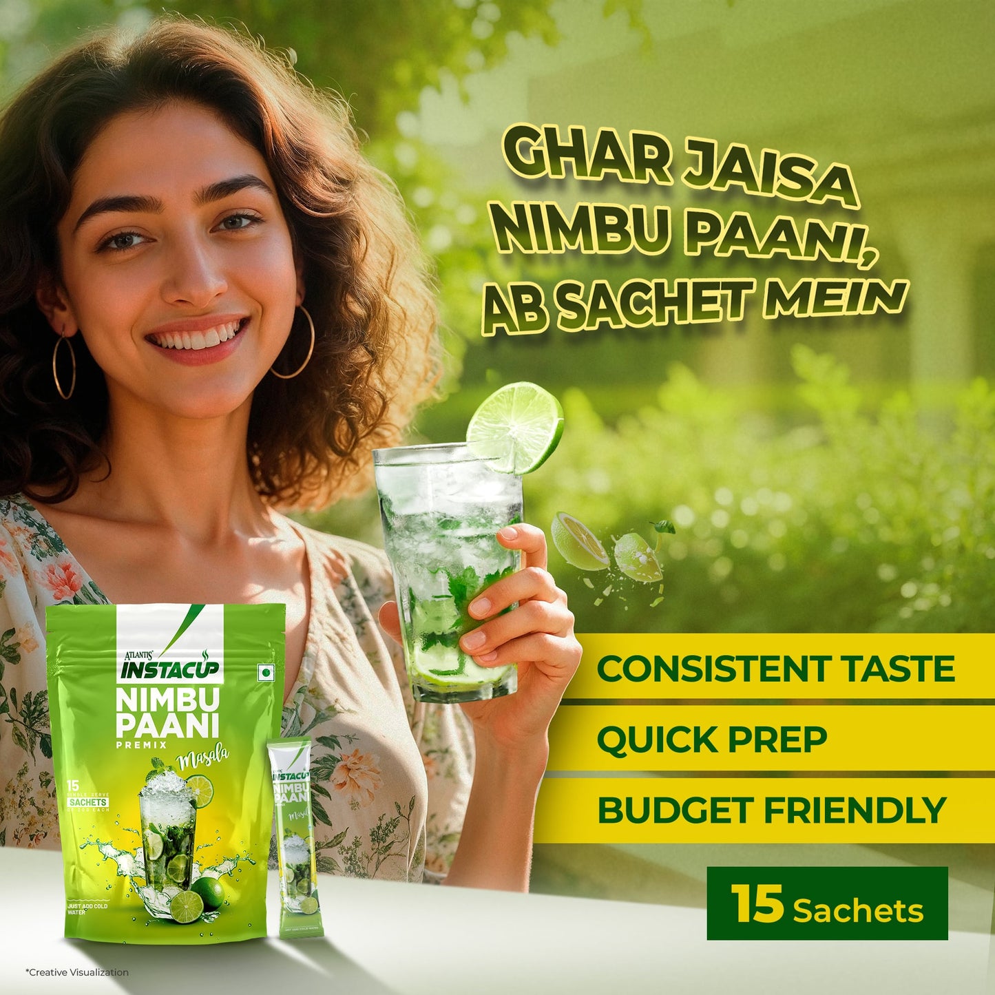 ATLANTIS Instacup Masala Nimbu Paani Premix Single Serve Sachets | Perfect for Travel | Natural Lemon Flavor | FSSAI Registered | Quick Prep | Pack of 15