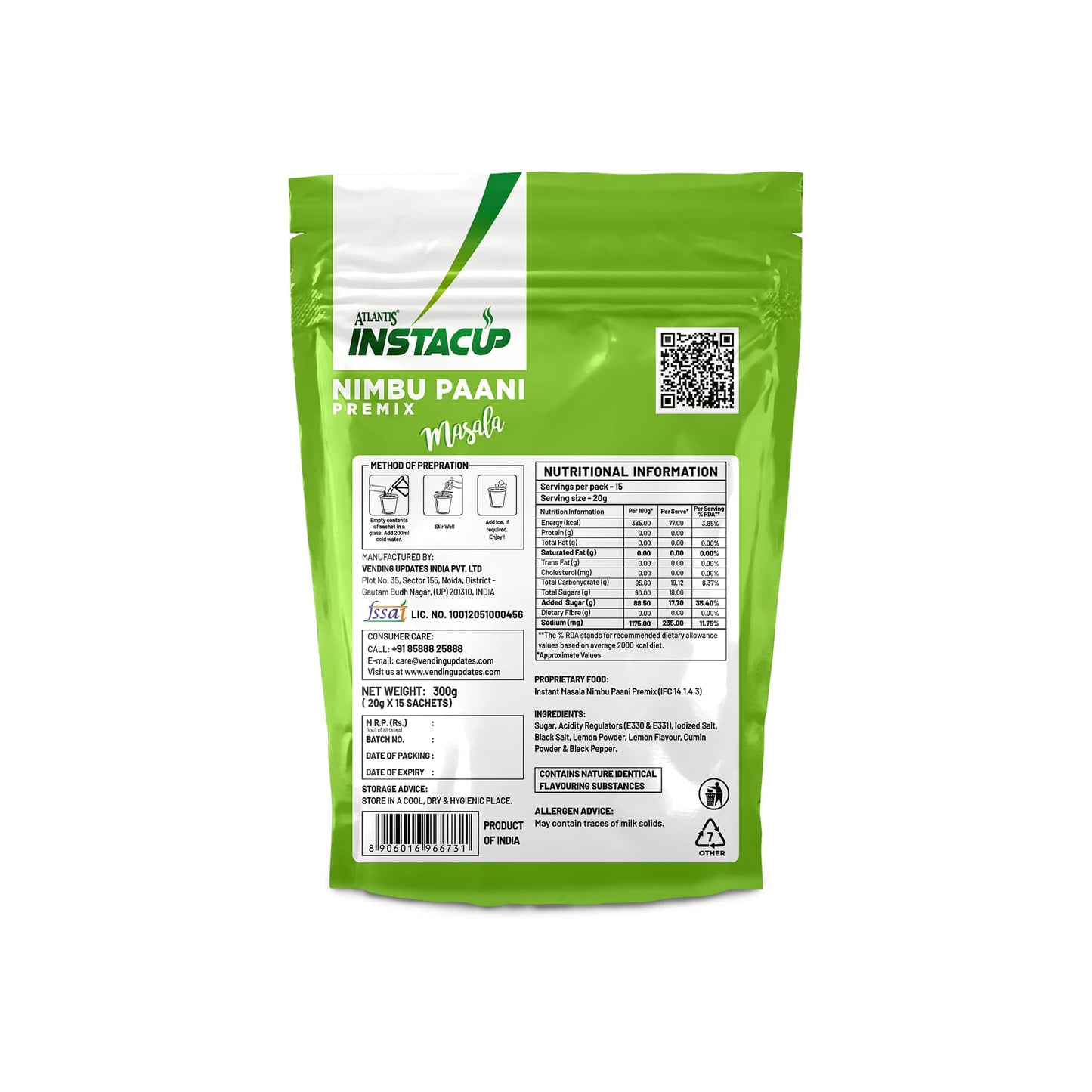 ATLANTIS Instacup Masala Nimbu Paani Premix Single Serve Sachets | Perfect for Travel | Natural Lemon Flavor | FSSAI Registered | Quick Prep | Pack of 15
