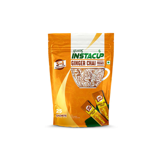ATLANTIS INSTACUP 3-IN-1 Ginger Tea Premix Single Serve Sachets Pack | 25 Sachets X 14 Grams Pouch Pack | Travel-Friendly Zipper Lock Pack | Just Add Hot Water & Stir