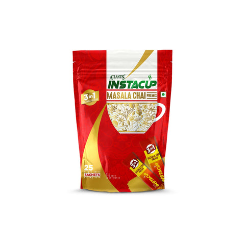 Atlantis InstaCup 3-IN-1 MASALA Chai Premix Single Serve Sachets Pack | 25 Sachets X 14 Grams Pouch Pack | Travel-Friendly Zipper Pack | Just Add Hot Water & Stir