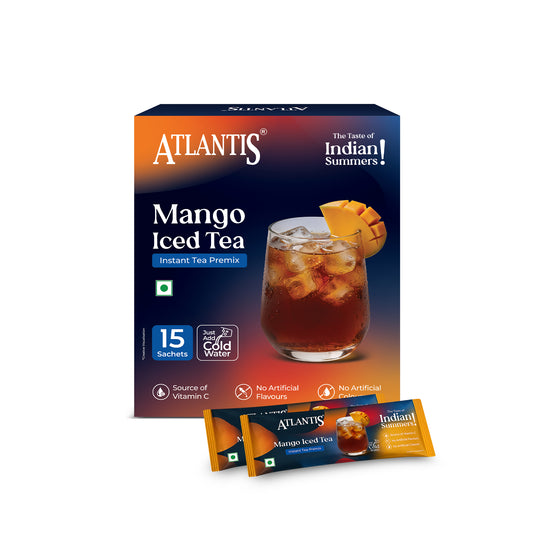 Atlantis Instacup Mango Iced Tea Premix Single Serve Sachets | Just Add Cold Water | Instant Refreshing Taste | Travel-Friendly | Source of Vitamin C | Pack of 15