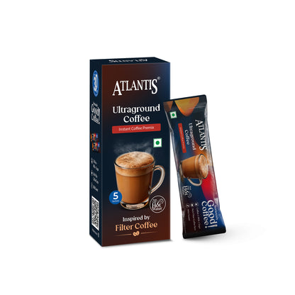 ATLANTIS Ultraground Instant Coffee Premix | Rich Filter Coffee Inspired Taste with Milk & Sugar | Just Add Hot Water | 5 Sachets | Travel Friendly
