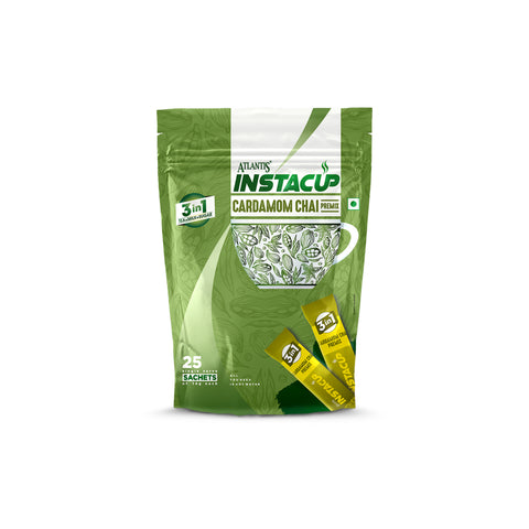 ATLANTIS INSTACUP 3-IN-1 Cardamom Chai Premix Single Serve Sachets Pack | 25 Sachets X 14 Grams Pouch | Travel-Friendly Zipper Lock Pack | Just Add Hot Water & Stir