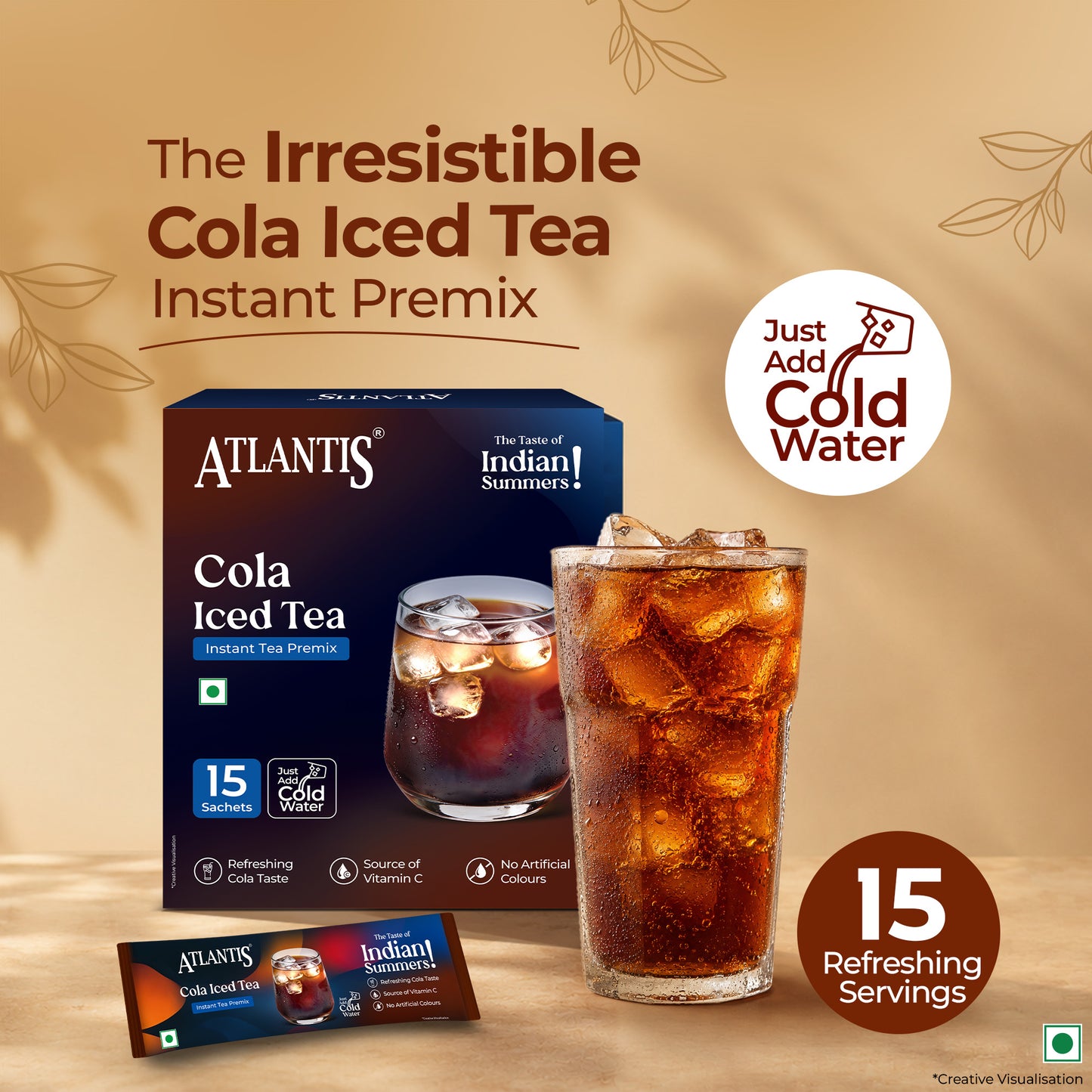 Atlantis Cola Iced Tea Instant Premix | Refreshing Cola Flavour with Real Tea Extract | 15 Sachets | Just Add Cold Water | Source of Vitamin C | No Artificial Colours | Travel Friendly