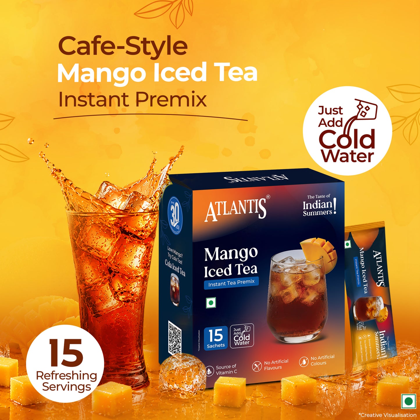 Atlantis Instacup Mango Iced Tea Premix Single Serve Sachets | Just Add Cold Water | Instant Refreshing Taste | Travel-Friendly | Source of Vitamin C | Pack of 15