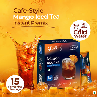 Atlantis Instacup Mango Iced Tea Premix Single Serve Sachets | Just Add Cold Water | Instant Refreshing Taste | Travel-Friendly | Source of Vitamin C | Pack of 15