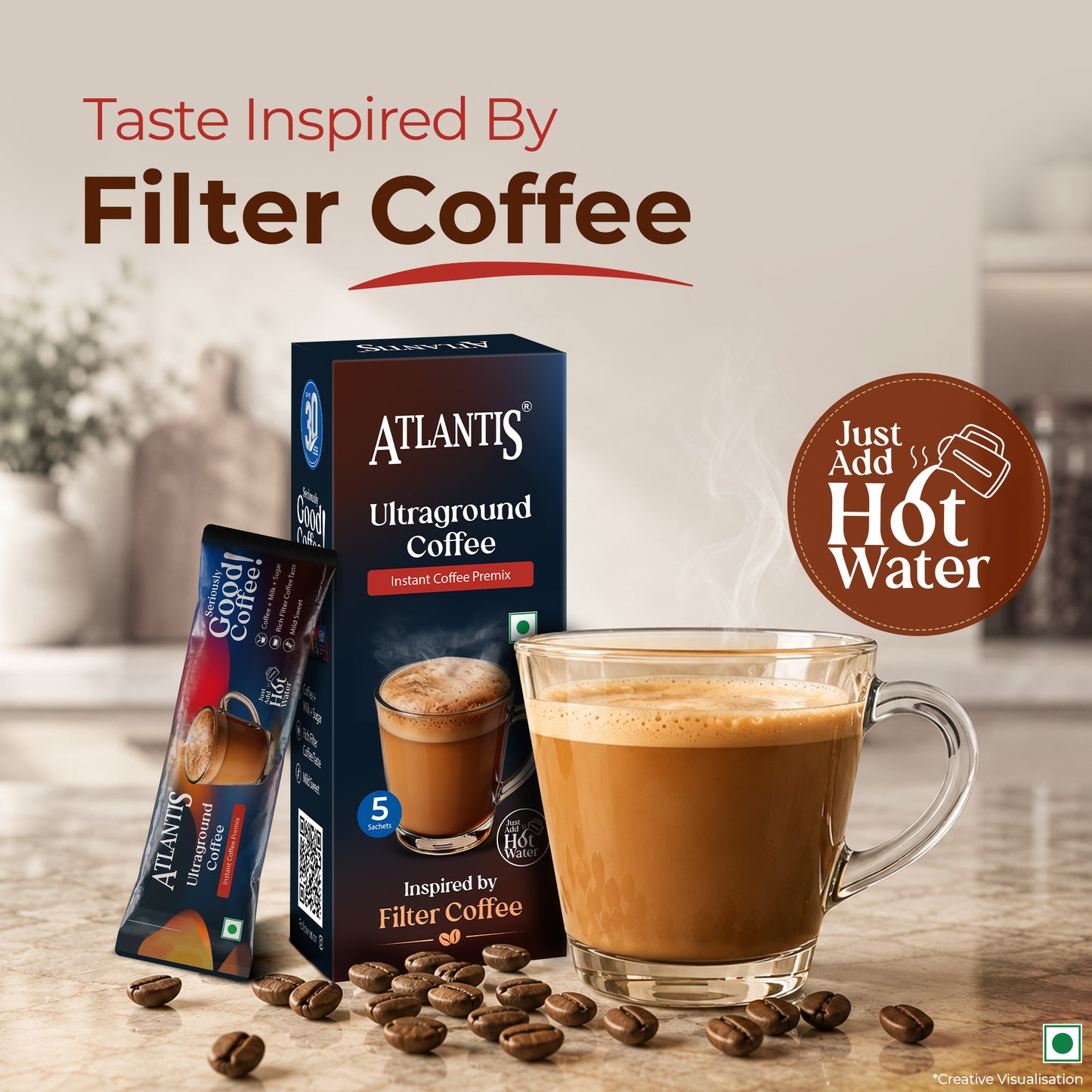 ATLANTIS Ultraground Instant Coffee Premix | Rich Filter Coffee Inspired Taste with Milk & Sugar | Just Add Hot Water | 5 Sachets | Travel Friendly