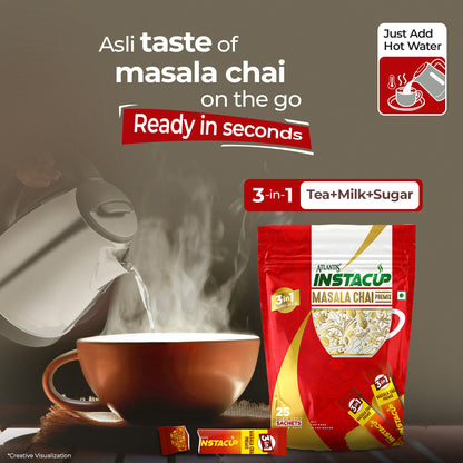 Atlantis InstaCup 3-IN-1 MASALA Chai Premix Single Serve Sachets Pack | 25 Sachets X 14 Grams Pouch Pack | Travel-Friendly Zipper Pack | Just Add Hot Water & Stir